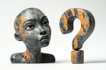 Poster - Unique carved stone figure with an abstract question mark on a neutral background showcasing artistic expression and creativity in sculpture