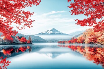 Aufkleber - Majestic Mount Fuji reflected in a tranquil lake surrounded by vibrant red autumn foliage during a serene afternoon