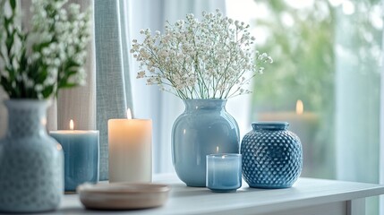 Poster - Modern decor arrangement with candles and delicate flowers in soft blue tones for a tranquil indoor atmosphere during daylight
