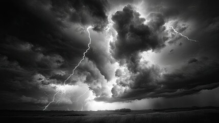 stormy sky with lightning, dramatic weather scene.