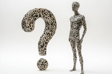Fototapete - Human figure made of dynamic materials stands confidently beside a large question mark in an abstract setting during an artistic display