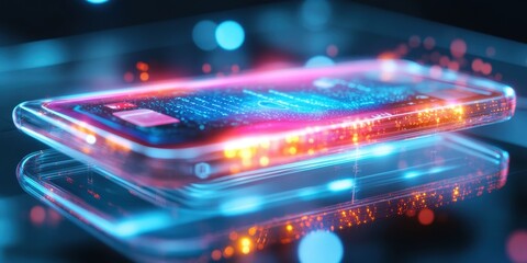 Aufkleber - Colorful smartphone displaying digital interface while resting on a reflective surface with blurred lights creating a vibrant atmosphere