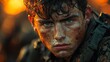 © Atmospheric stock - Intense young caucasian male soldier in battleground setting at sunset