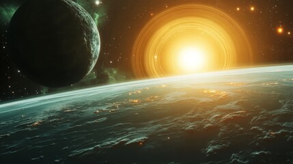 Wall Mural - Stunning cosmic sunrise: planetary view with glowing horizon in deep space