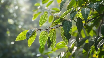 Wall Mural - A close-up view of green leaves glistening with water droplets, illuminated by soft sunlight filtering through a blurred background of foliage. The leaves exhibit rich textures and varying shades of g