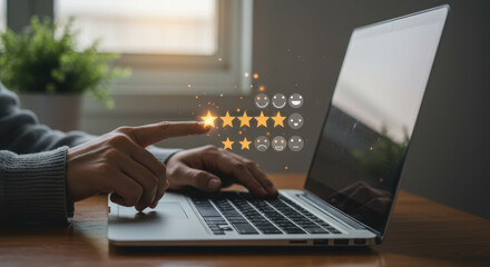 Wall Mural - online feedback: customer experience, rating stars, satisfaction, and review using laptop. business 