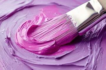 Fototapete - Colorful brush applying pink paint on a canvas in an artistic workshop during daytime