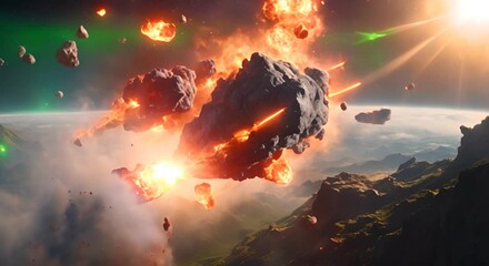 Wall Mural - multiple asteroids burning while entering the atmosphere perfect for science fiction movies or video