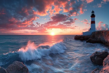 Poster - Beautiful lighthouse on the coast under a vibrant sunset with dramatic clouds over the ocean