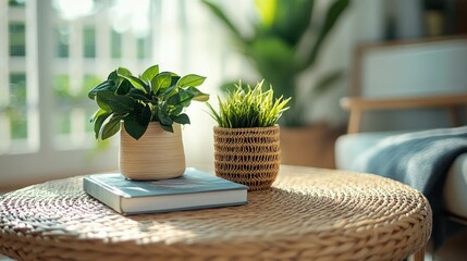 Aufkleber - Decorative indoor plant arrangement on a woven table beside a book, creating a cozy atmosphere in a sunlit room filled with greenery