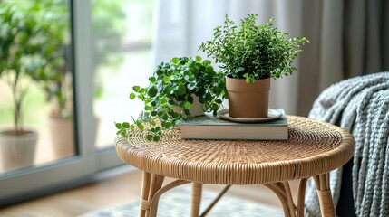 Aufkleber - Decorative indoor plant arrangement on a woven table beside a book, creating a cozy atmosphere in a sunlit room filled with greenery