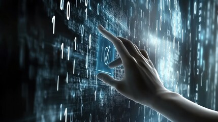 hand touching digital screen, binary code background, tech concept