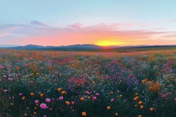 Aufkleber - Vibrant wildflower field at sunset with colorful blossoms and golden light stretching across the landscape