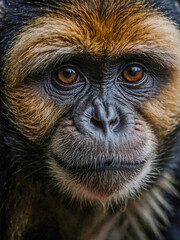 Wall Mural - Close-up of a monkey's face with a black background.