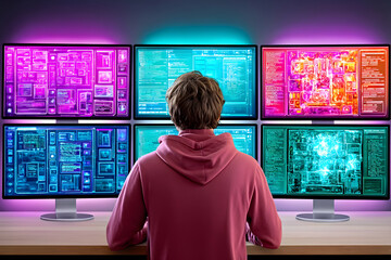 Young man sits before six vibrant monitors displaying complex data streams