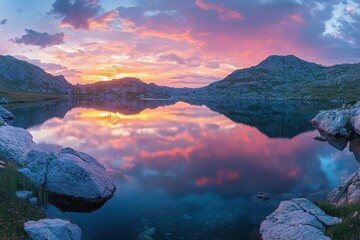 Aufkleber - Mountain landscape reflects vibrant sunset over calm water, creating a serene atmosphere with colorful hues in the sky and mist around the trees