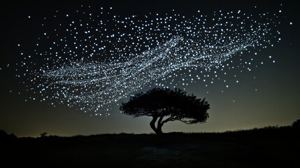 Wall Mural - solitary tree under starry night sky with dense galaxy of stars