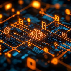 Fototapete - Futuristic Digital Architecture with Complex Data Networks and Interfaces Represented in Orange Neon : Generative AI