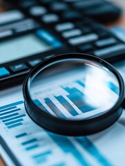 Leinwandbilder - Analytics and finance: Close-up of data charts under a magnifying glass with calculator : Generative AI