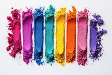 Poster - Colorful vibrant powdered pigments arranged in a spectrum on a white background during midday light