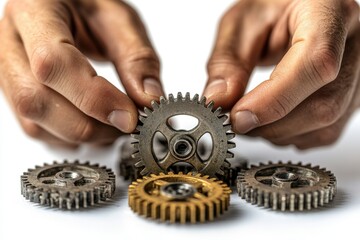 Leinwandbilder - Hands holding two interlocking gears demonstrating mechanical connection and engineering principles in a minimalistic setting