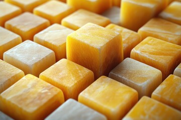 Leinwandbilder - Interesting arrangement of yellow and orange cubes with varying textures creating a striking visual display in a modern setting