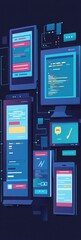 colorful digital interfaces displayed on screens with vibrant coding elements.