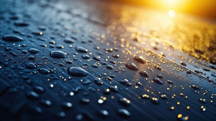 Aufkleber - Dew drops glisten on a wooden surface as the sun sets in the background, creating a tranquil evening atmosphere