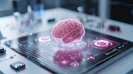 Leinwandbilder - Exploration of advanced technology showcasing a glowing brain model surrounded by digital interfaces and data displays in a futuristic lab environment