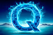 © LAILY - Fiery blue letter Q emerging from water, set against a mountain backdrop