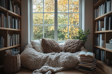 Aufkleber - Cozy reading nook in a sunny corner with soft cushions and books surrounded by autumn leaves outside the window