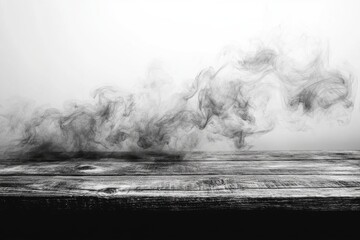 Fototapete - Wooden surface with wisps of smoke emerging in a dimly lit environment creating an atmospheric and moody effect