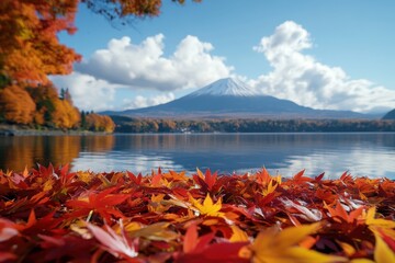 Aufkleber - Colorful autumn leaves by calm lake with Mount Fuji in the background on a clear day