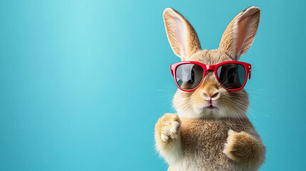 Wall Mural - A cool Easter bunny wearing sunglasses and giving a thumbs up, symbolizing fun and joy. Bright and simple tone with a blurred empty background and ample caption space