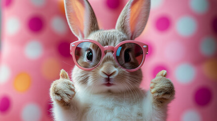 Wall Mural - A cool Easter bunny wearing sunglasses and giving a thumbs up, symbolizing fun and joy. Bright and simple tone with a blurred empty background and ample caption space