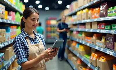 Young female grocery store worker using a tablet to manage inventory in an aisle filled with various products.