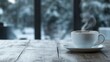 © Giman - Cozy winter coffee scene.  A steaming cup of coffee rests on a rustic wooden table, overlooking a snowy winter landscape through a large window