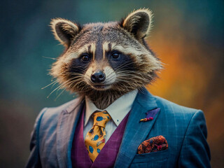 Wall Mural - Dapper raccoon in suit, colorful business portrait