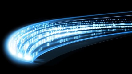 Abstract binary code background with glowing light spots and pixelated effect, representing digital technology, data processing, and cyberspace, with space for copy or text placement