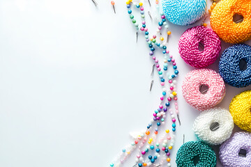 vibrant yarn and craft supplies: a visually captivating arrangement of colorful yarn balls, beads, a