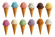 © angutyo - ice cream concept scoop on waffle cornet cone on transparent background cutout png file many assorted different flavour mockup template for artwork design kornet dondurma
