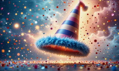 Canvas Print - a whimsical party hat with blue fluffy trim levitates in a vibrant scene filled with confetti. color