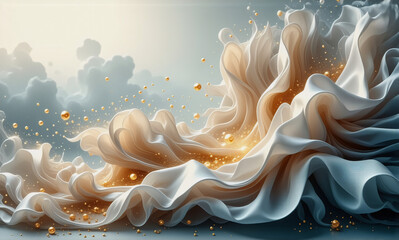 Wall Mural - elegant, flowing white and beige fabric creates a soft, wavy texture. golden spheres are scattered t