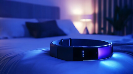 Wall Mural - a smart wearable sleep tracker, futuristic bedroom with ambient lighting, health-tech style