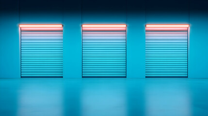Wall Mural - blue garage interior with neon lights and metal doors