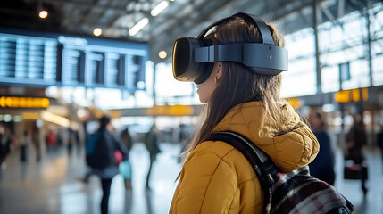 Wall Mural - a wearable ai translator device, busy international airport with travelers using the device, communi