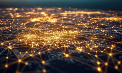 Global network connection, illuminated nodes, night, data flow, technology illustration