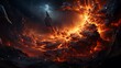© SANDJAYA - Inferno: A fiery volcanic landscape of an alien planet, glowing with intense heat and power, a lightning storm rages in the dark sky above.
