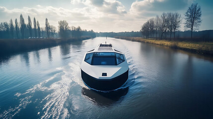 Wall Mural - an autonomous waterway transport system, river with self-driving boat transporting cargo, transport 