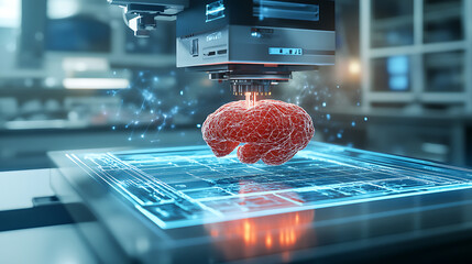 Wall Mural - a 3d bioprinter creating human tissue, futuristic medical lab with digital schematics and bioprintin